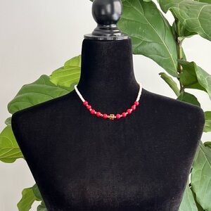 Red Jasper & Pearl Necklace 16” | Jasper Beads Freshwater Pearls Amber Accents